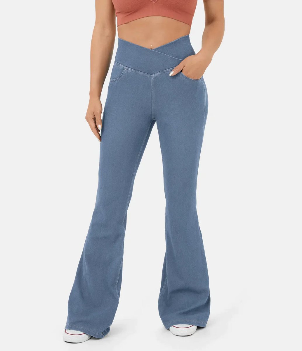 Women's High Waisted Jeans Crossover Flare Stretch Denim Pants