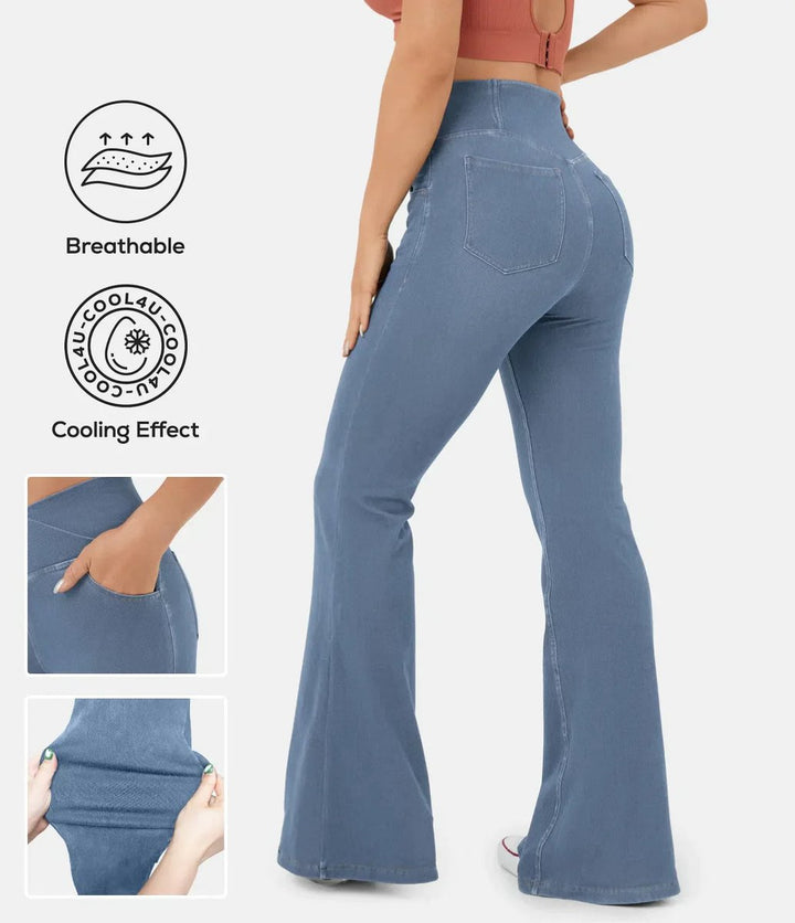 Women's High Waisted Jeans Crossover Flare Stretch Denim Pants