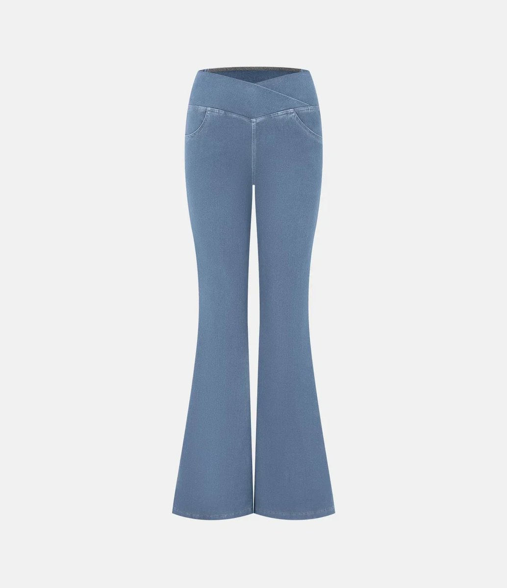 Women's High Waisted Jeans Crossover Flare Stretch Denim Pants
