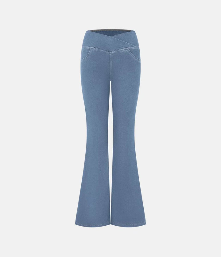 Women's High Waisted Jeans Crossover Flare Stretch Denim Pants