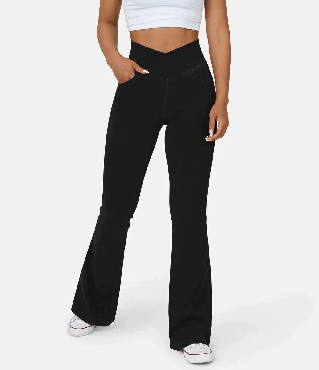 Women's High Waisted Jeans Crossover Flare Stretch Denim Pants