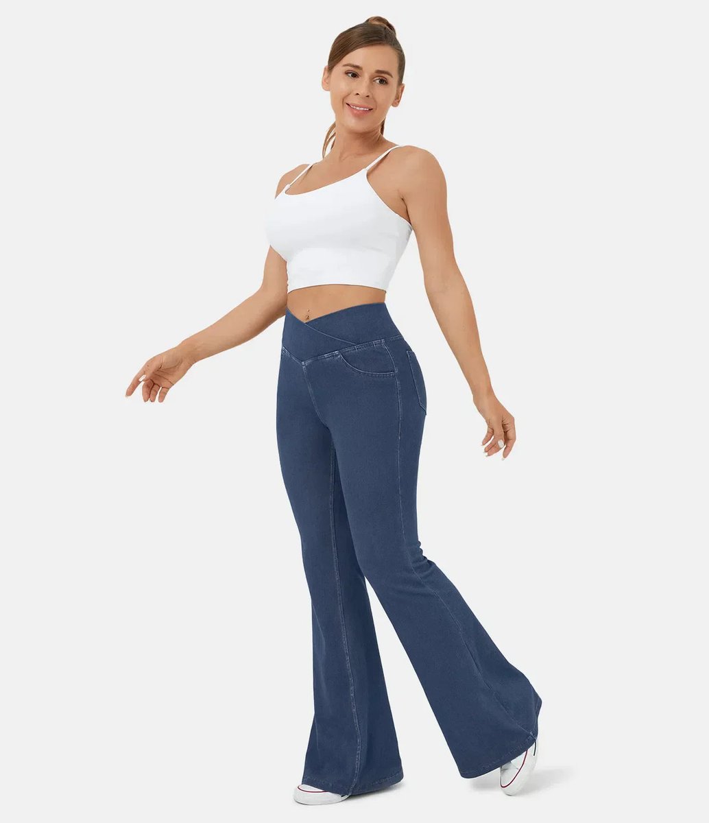 Women's High Waisted Jeans Crossover Flare Stretch Denim Pants