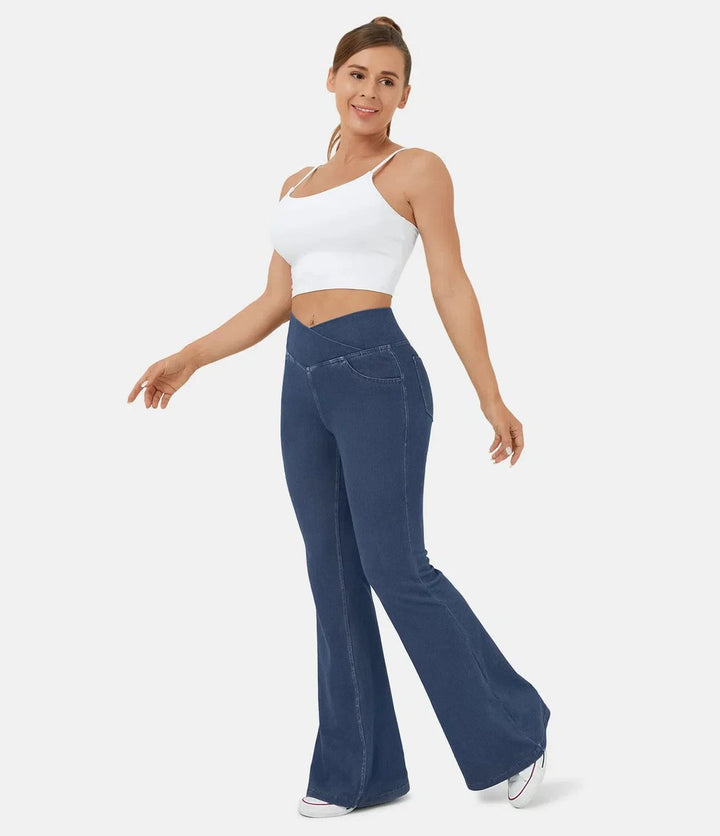 Women's High Waisted Jeans Crossover Flare Stretch Denim Pants