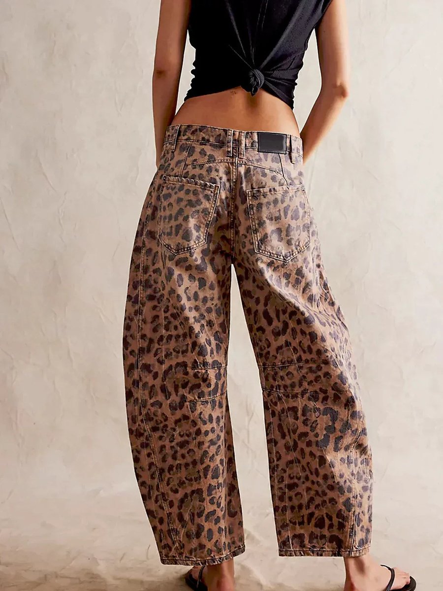 Women's High Waisted Jeans Leopard Print Wide-Leg Barrel Pants