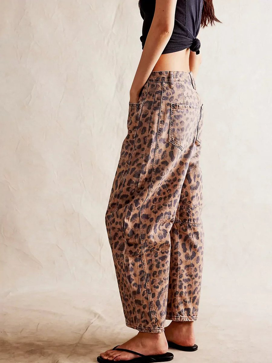Women's High Waisted Jeans Leopard Print Wide-Leg Barrel Pants