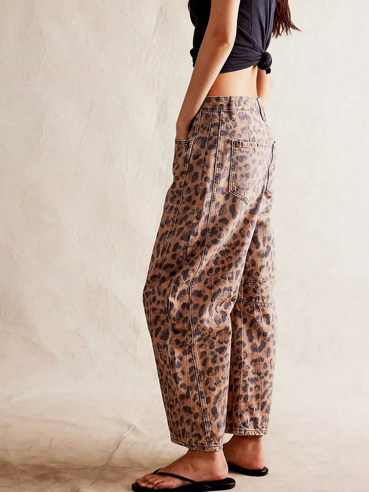 Women's High Waisted Jeans Leopard Print Wide-Leg Barrel Pants