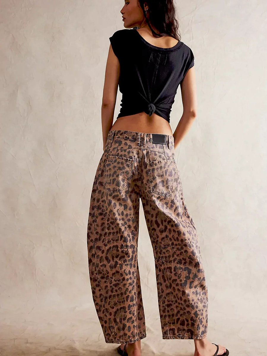 Women's High Waisted Jeans Leopard Print Wide-Leg Barrel Pants