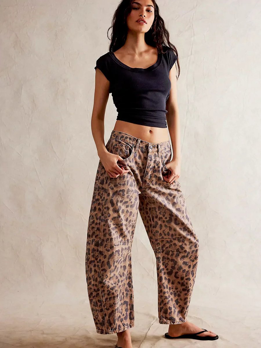 Women's High Waisted Jeans Leopard Print Wide-Leg Barrel Pants