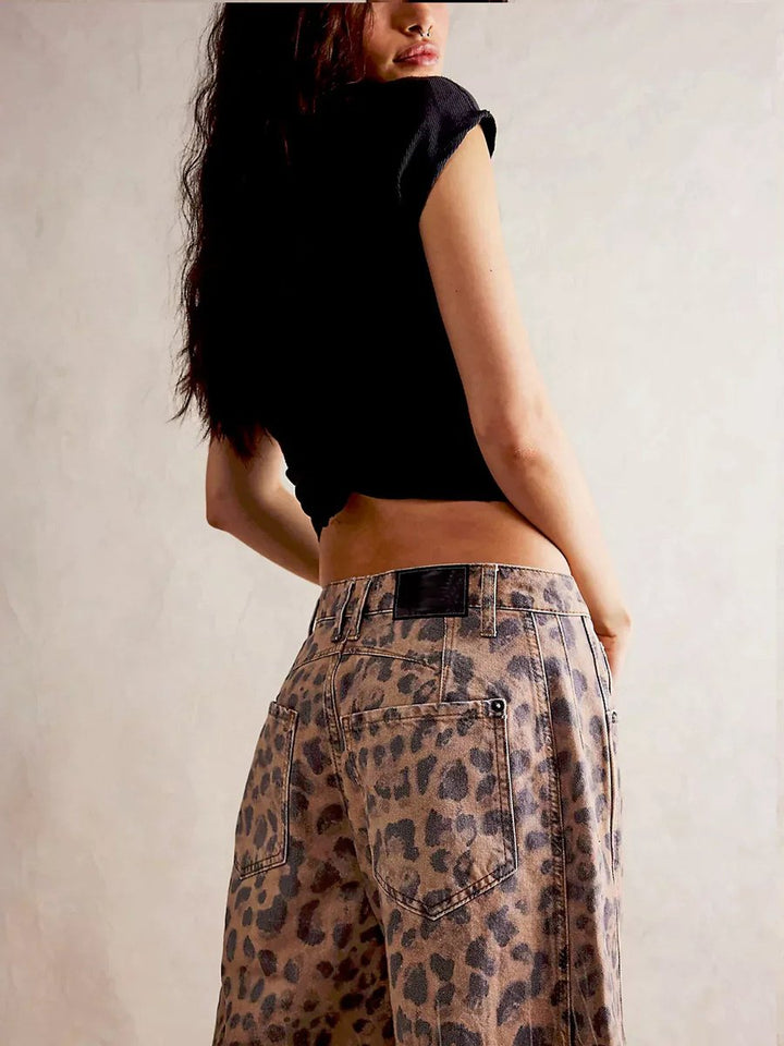 Women's High Waisted Jeans Leopard Print Wide-Leg Barrel Pants