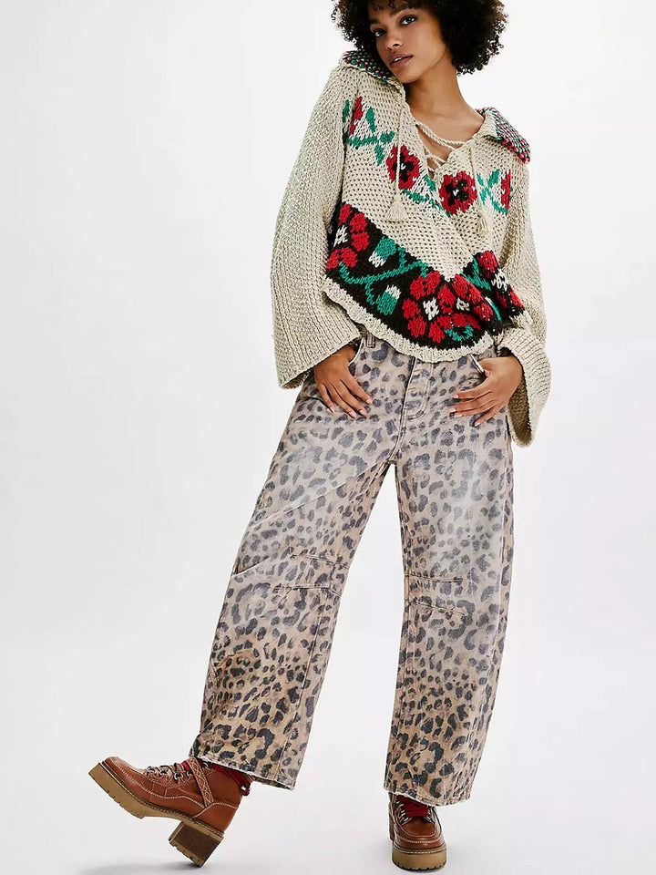 Women's High Waisted Jeans Leopard Print Wide-Leg Barrel Pants