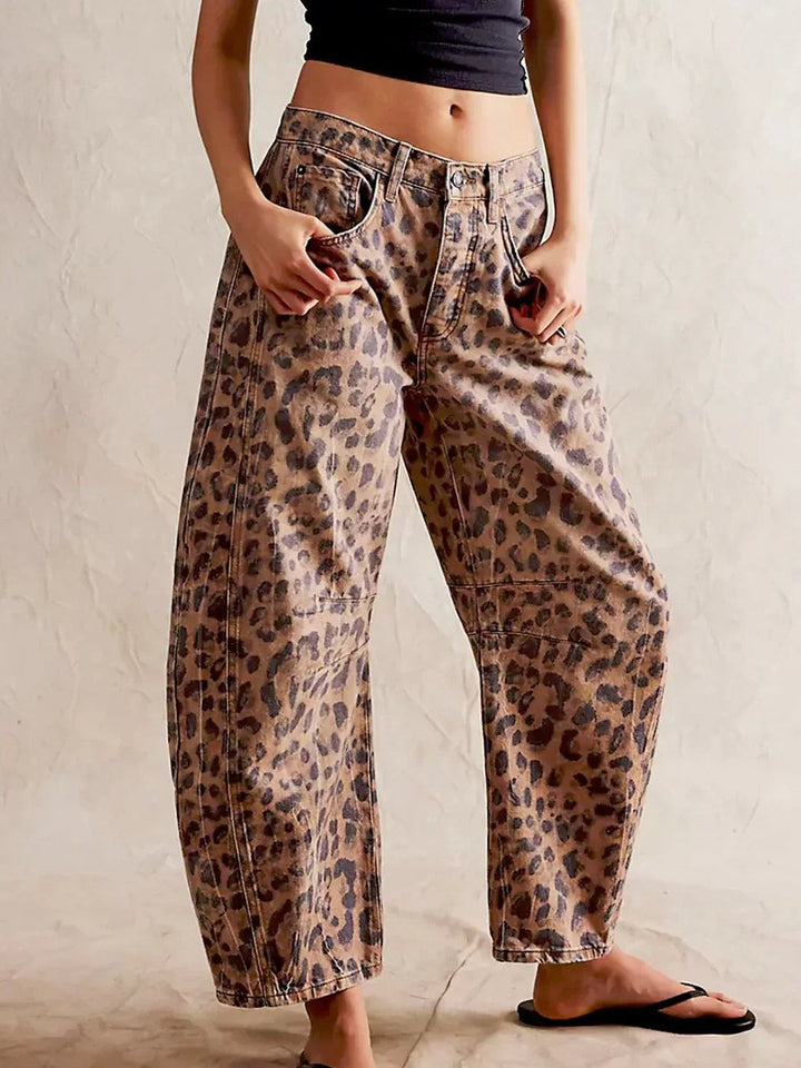 Women's High Waisted Jeans Leopard Print Wide-Leg Barrel Pants