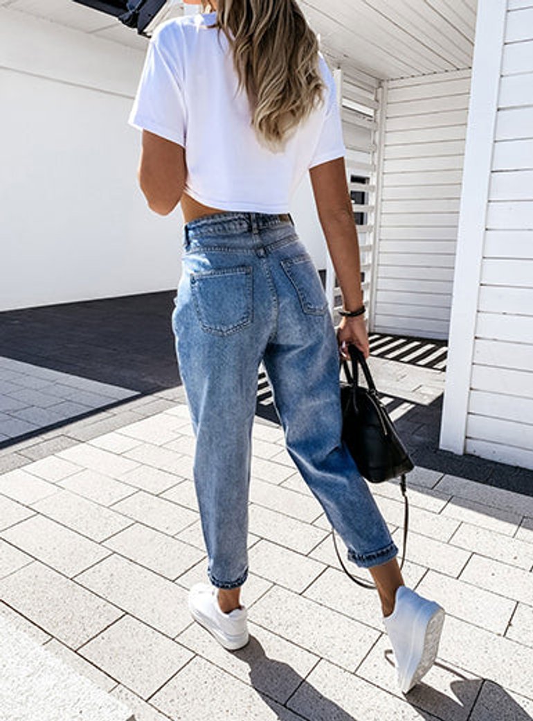 Women's High Waisted Jeans Relaxed-Fit Tapered Washed Denim Pants