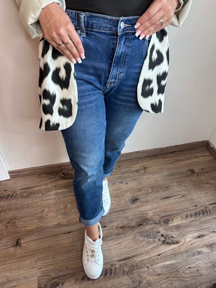 Women's High Waisted Jeans Relaxed Mom-Fit Stretch Dark Blue Denim