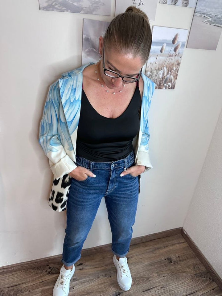 Women's High Waisted Jeans Relaxed Mom-Fit Stretch Dark Blue Denim