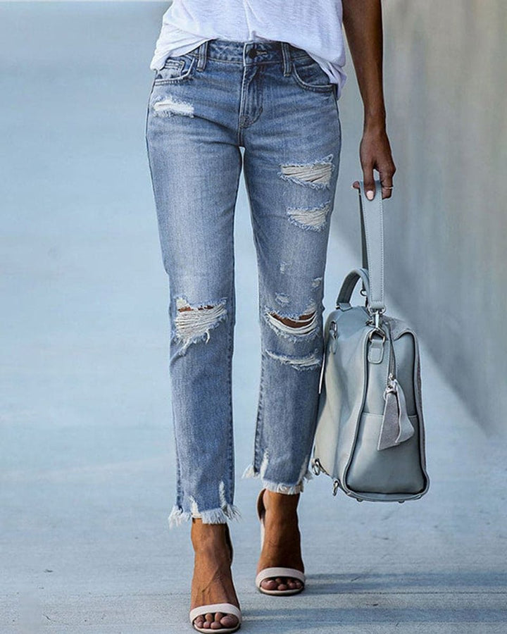 Women's High Waisted Jeans Ripped Straight-Leg Distressed Denim Pants