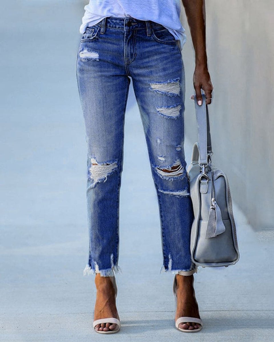 Women's High Waisted Jeans Ripped Straight-Leg Distressed Denim Pants