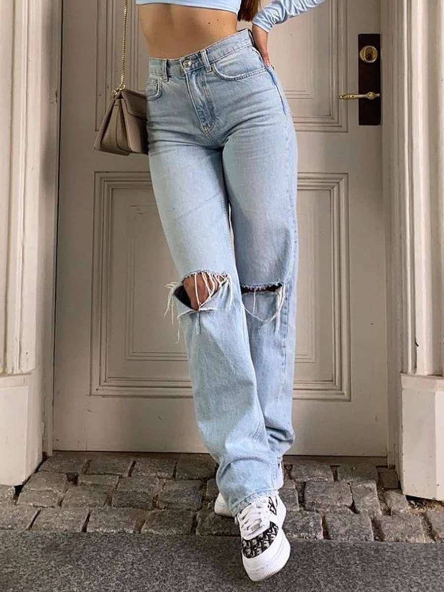 Women's High Waisted Jeans Ripped Wide Leg Relaxed Fit Denim Pants