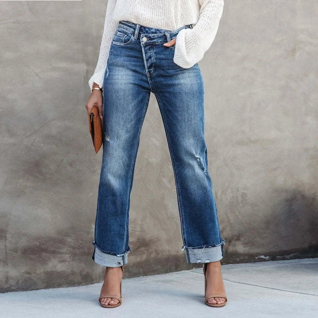 Women's High Waisted Jeans Straight-Leg Distressed Cuffed Denim