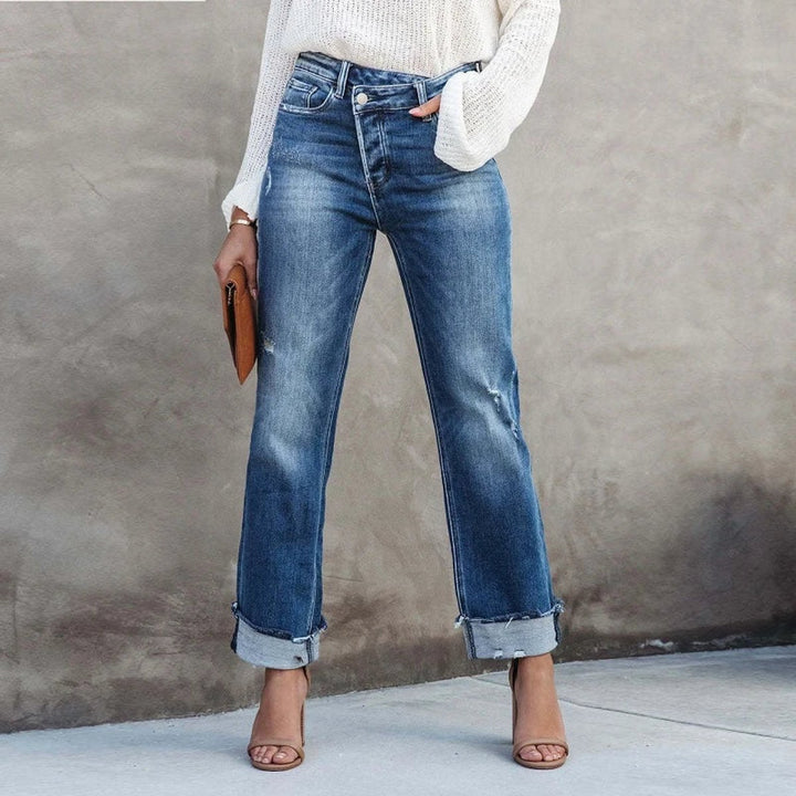 Women's High Waisted Jeans Straight-Leg Distressed Cuffed Denim