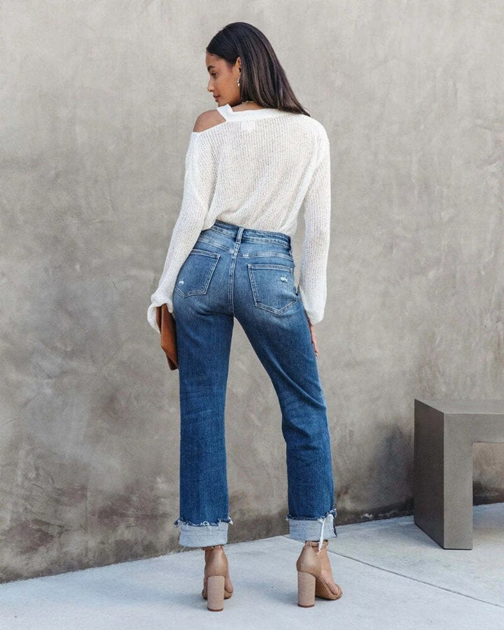 Women's High Waisted Jeans Straight-Leg Distressed Cuffed Denim