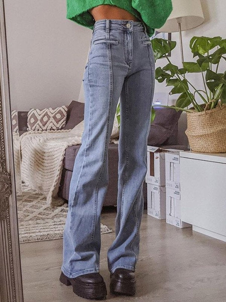 Women's High Waisted Jeans Wide-Leg Five-Pocket Light Wash Flare Denim