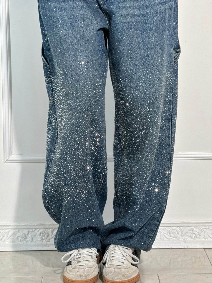 Women's High Waisted Jeans Wide-Leg Rhinestone Embellished Denim Pants