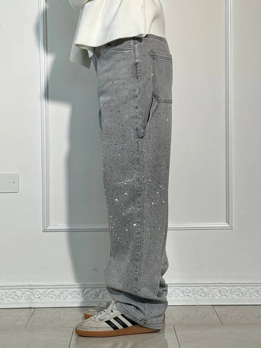 Women's High Waisted Jeans Wide-Leg Rhinestone Embellished Denim Pants