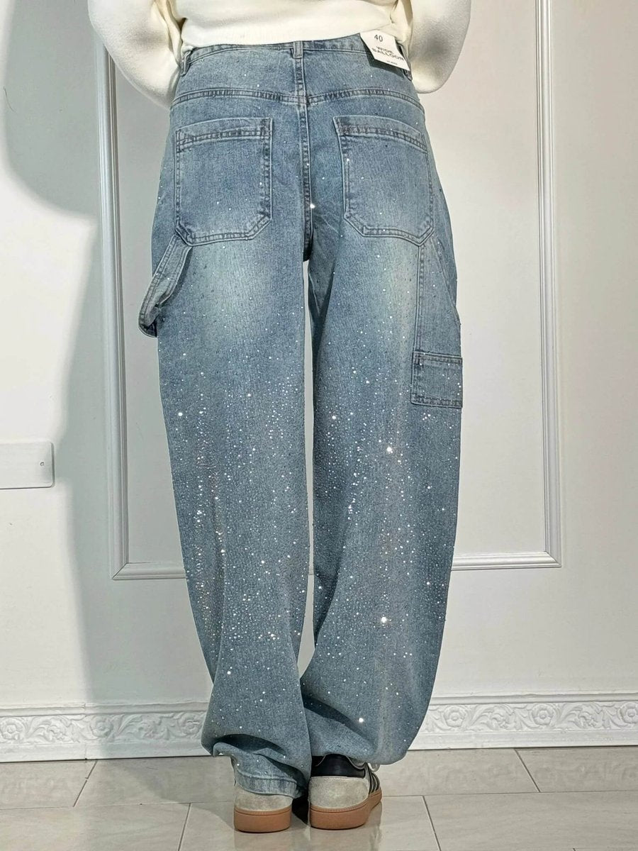 Women's High Waisted Jeans Wide-Leg Rhinestone Embellished Denim Pants
