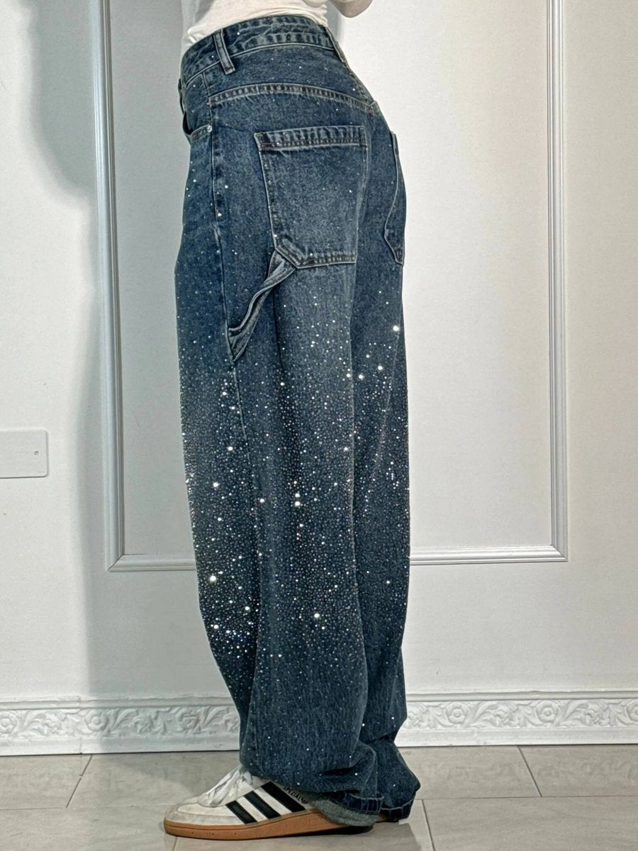 Women's High Waisted Jeans Wide-Leg Rhinestone Embellished Denim Pants