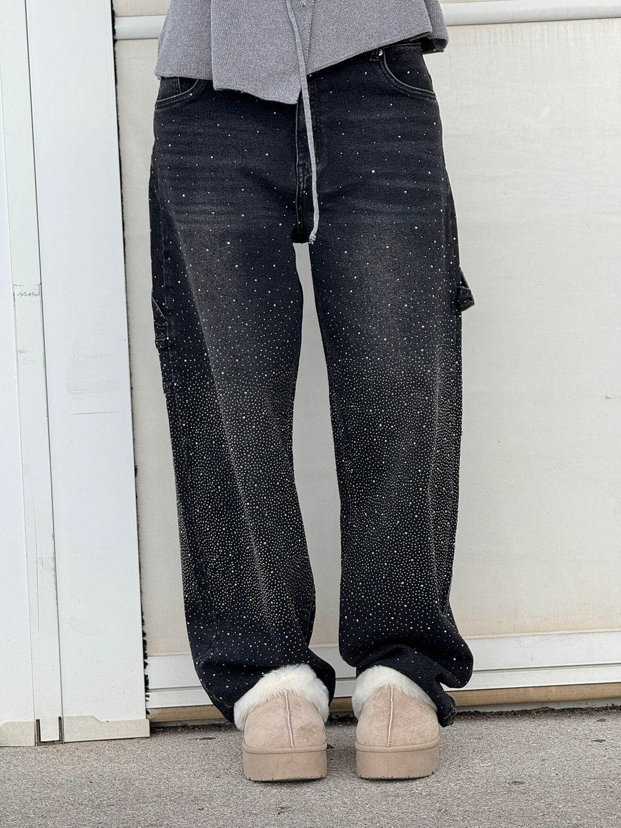 Women's High Waisted Jeans Wide-Leg Rhinestone Embellished Denim Pants