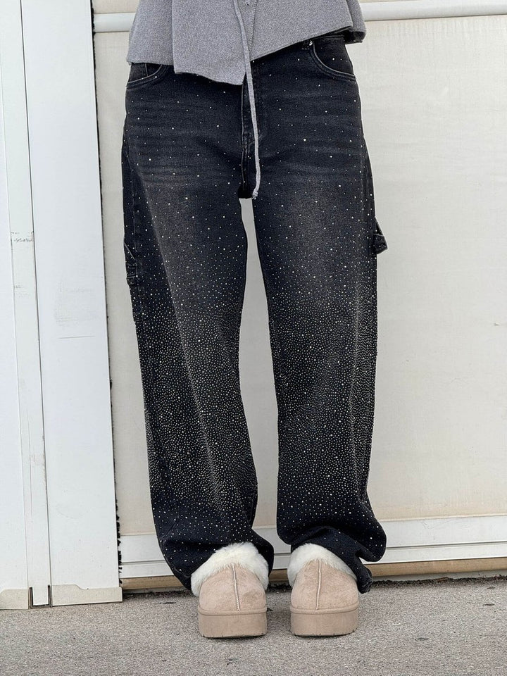 Women's High Waisted Jeans Wide-Leg Rhinestone Embellished Denim Pants