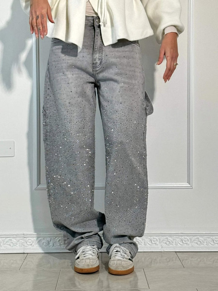 Women's High Waisted Jeans Wide-Leg Rhinestone Embellished Denim Pants