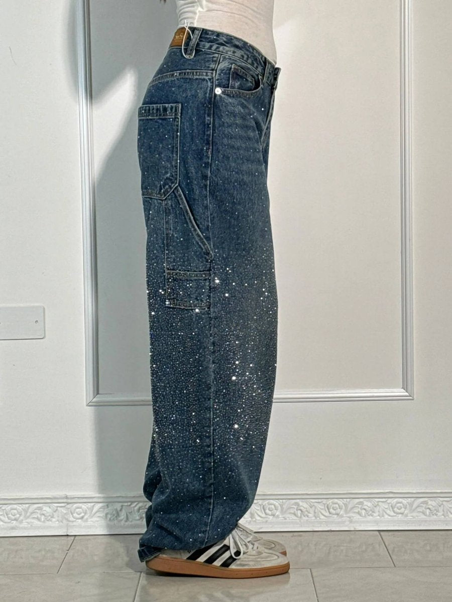 Women's High Waisted Jeans Wide-Leg Rhinestone Embellished Denim Pants