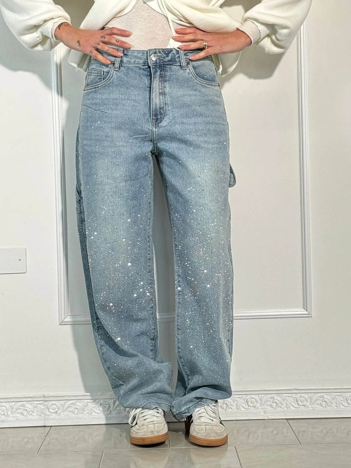 Women's High Waisted Jeans Wide-Leg Rhinestone Embellished Denim Pants