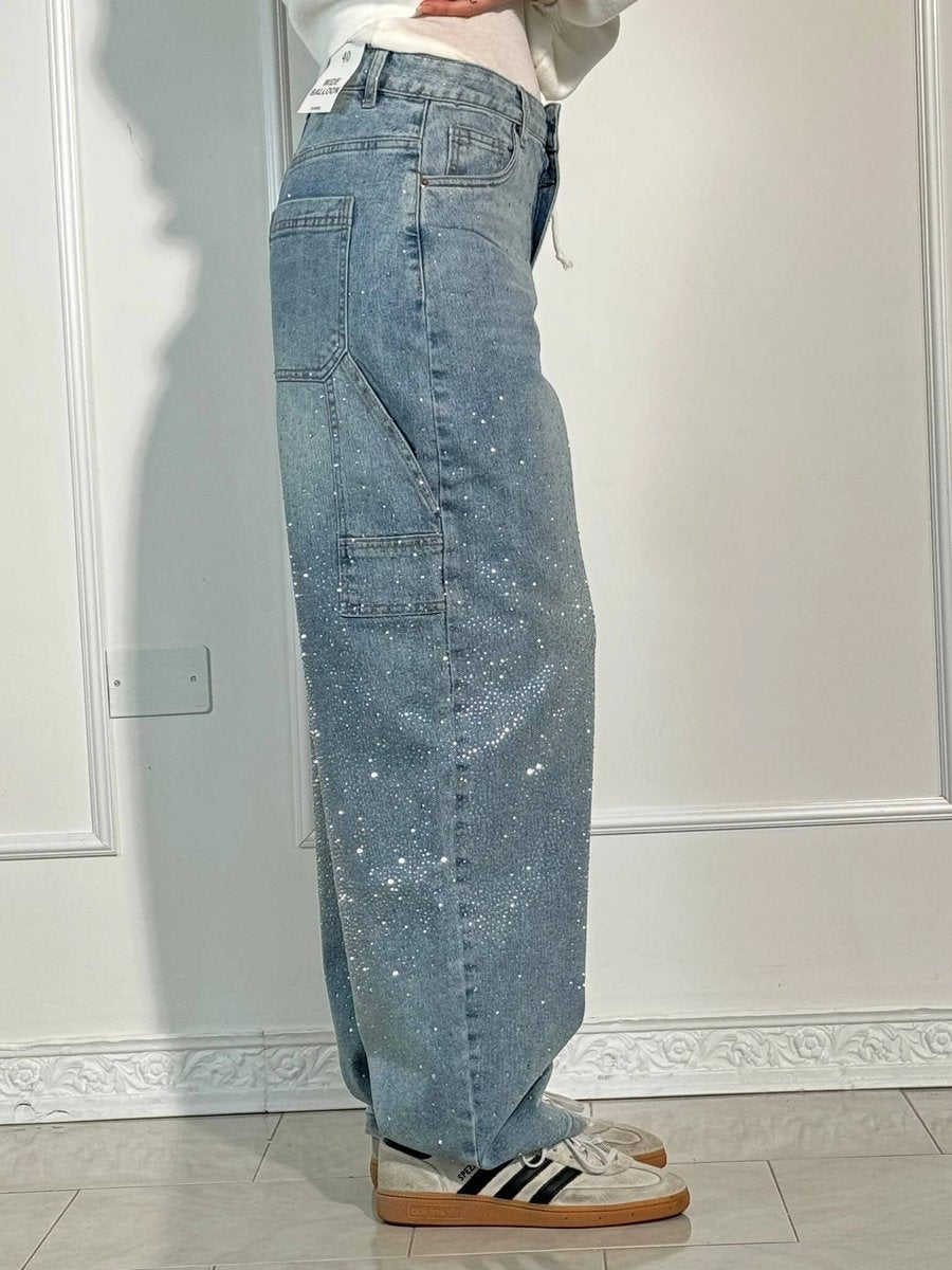Women's High Waisted Jeans Wide-Leg Rhinestone Embellished Denim Pants