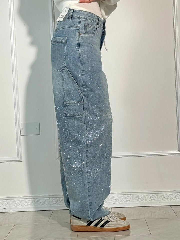 Women's High Waisted Jeans Wide-Leg Rhinestone Embellished Denim Pants