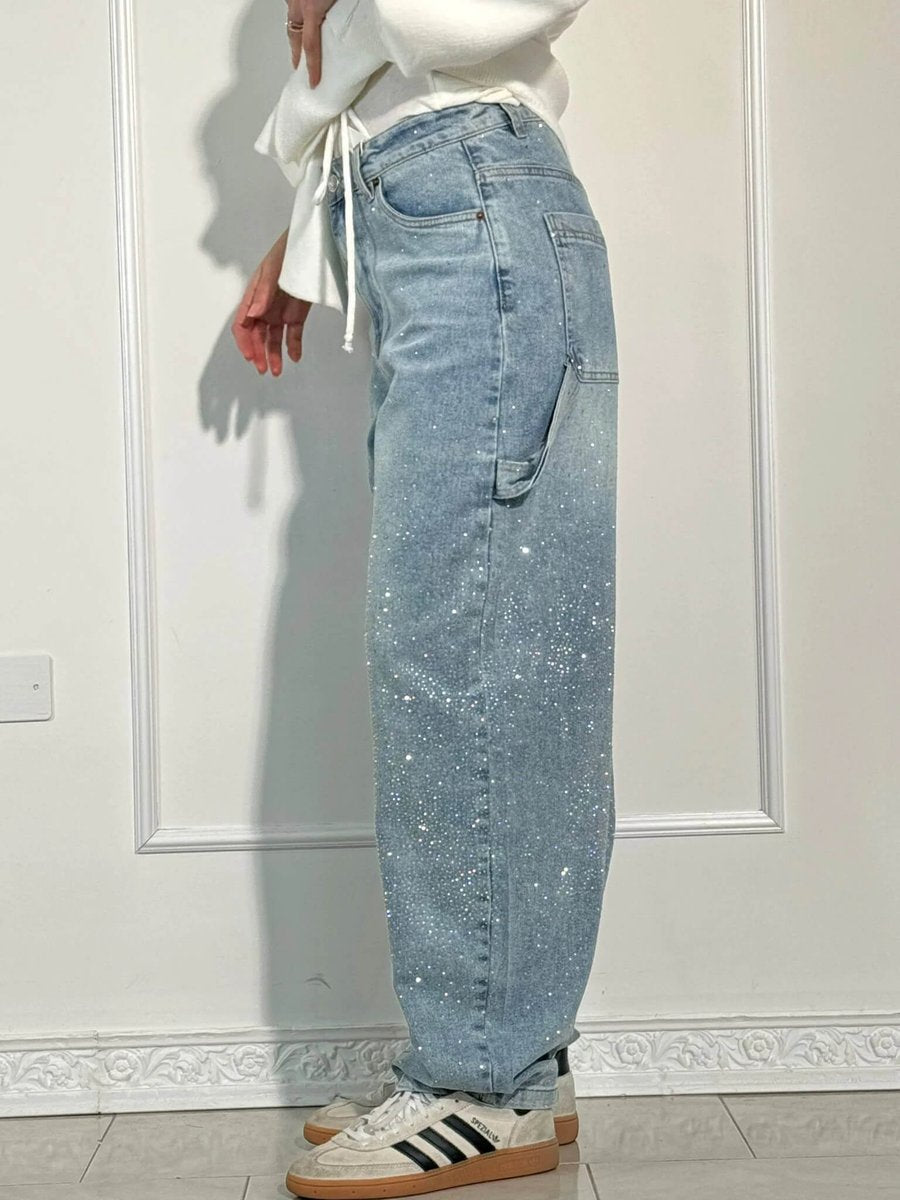 Women's High Waisted Jeans Wide-Leg Rhinestone Embellished Denim Pants