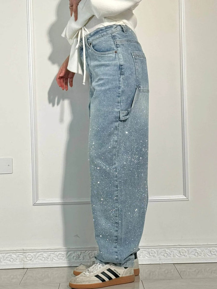Women's High Waisted Jeans Wide-Leg Rhinestone Embellished Denim Pants