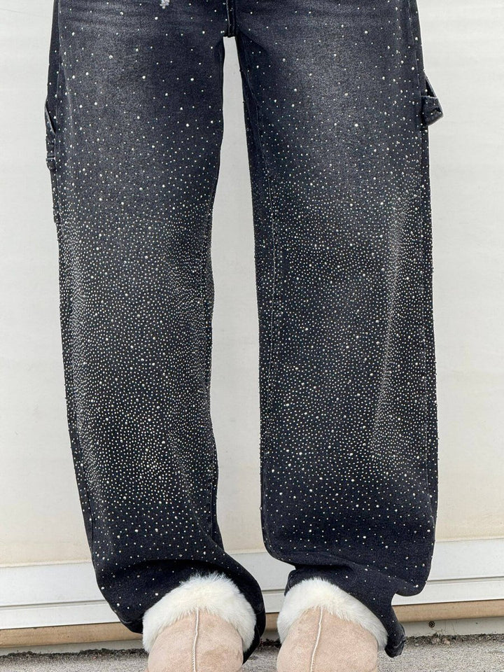 Women's High Waisted Jeans Wide-Leg Rhinestone Embellished Denim Pants