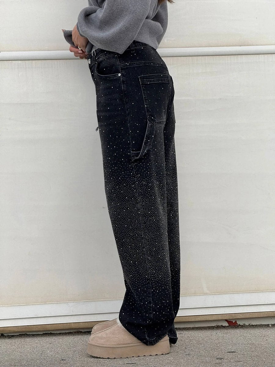 Women's High Waisted Jeans Wide-Leg Rhinestone Embellished Denim Pants