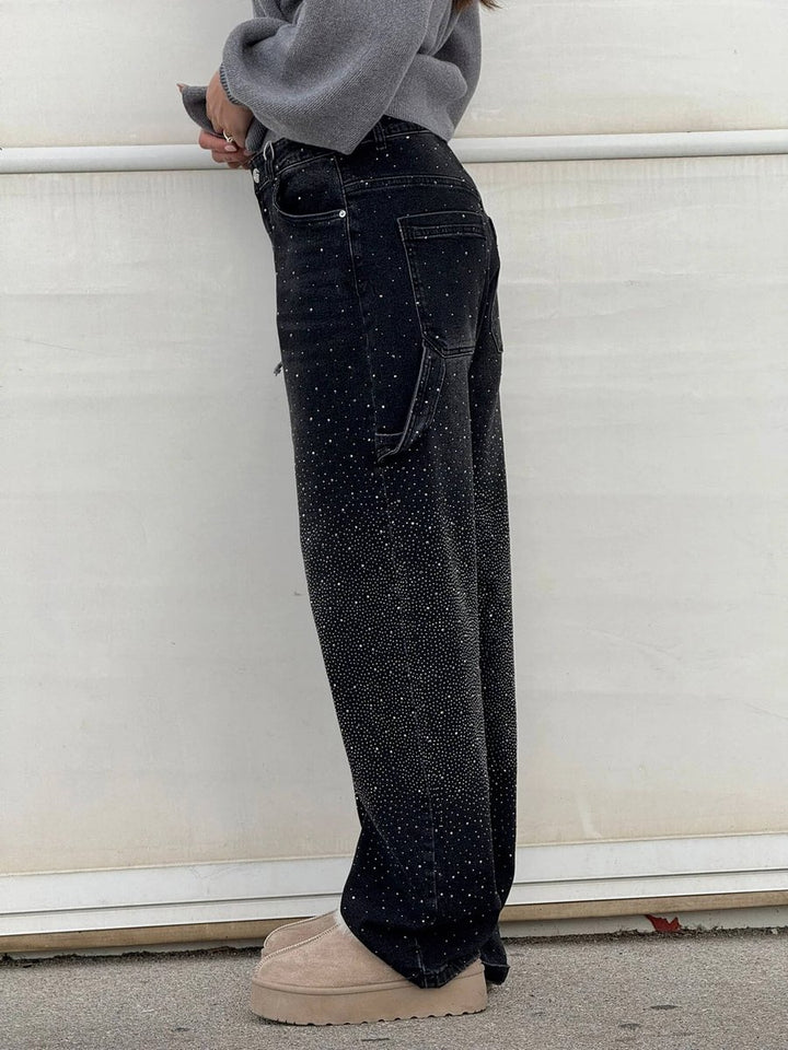 Women's High Waisted Jeans Wide-Leg Rhinestone Embellished Denim Pants