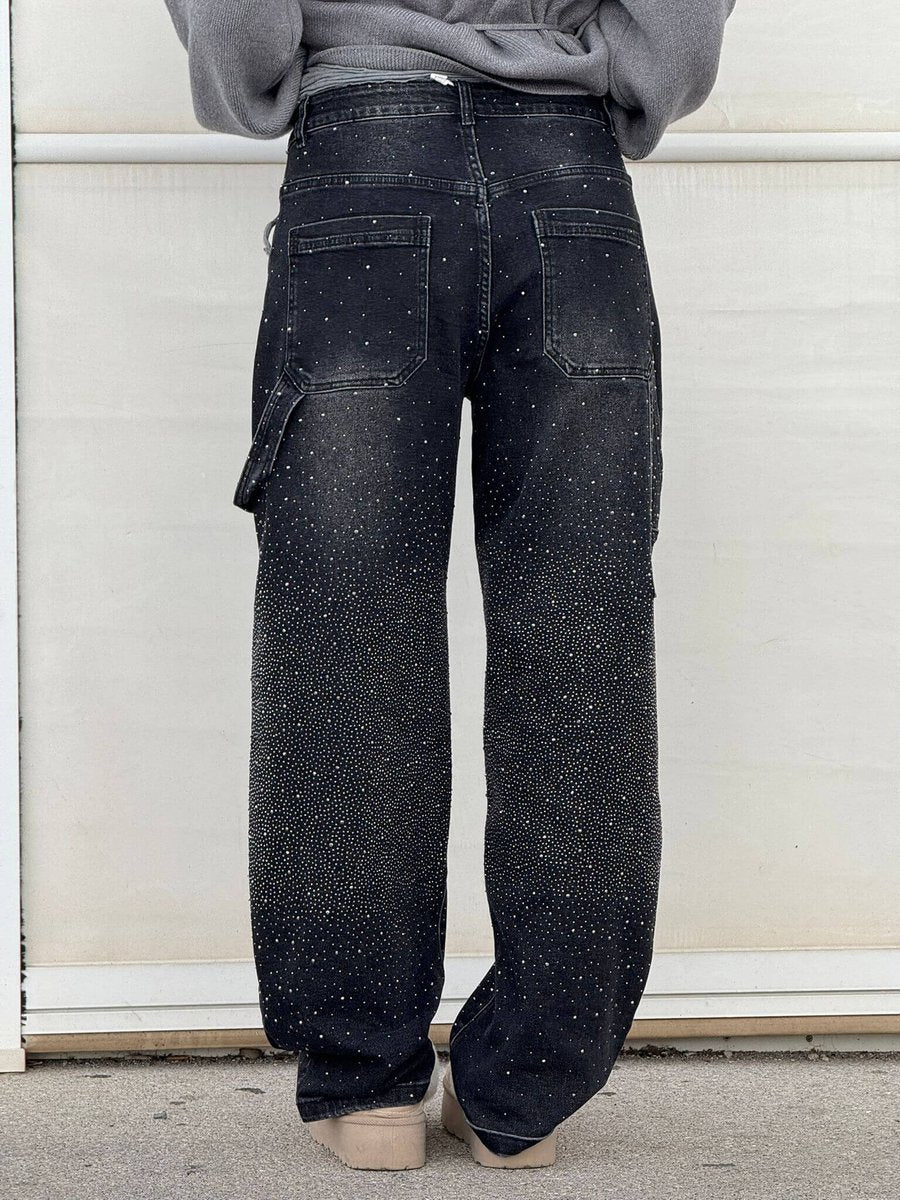 Women's High Waisted Jeans Wide-Leg Rhinestone Embellished Denim Pants