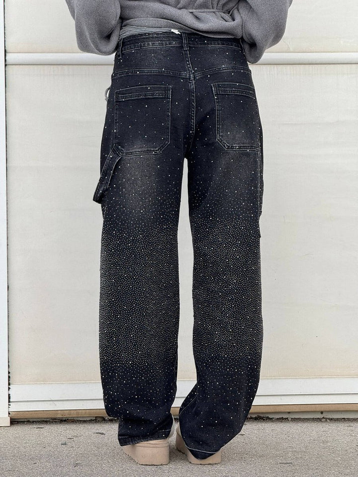 Women's High Waisted Jeans Wide-Leg Rhinestone Embellished Denim Pants
