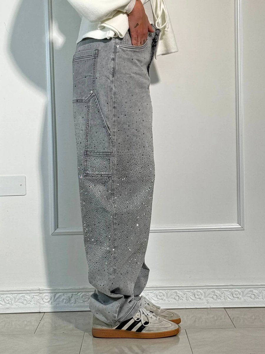 Women's High Waisted Jeans Wide-Leg Rhinestone Embellished Denim Pants