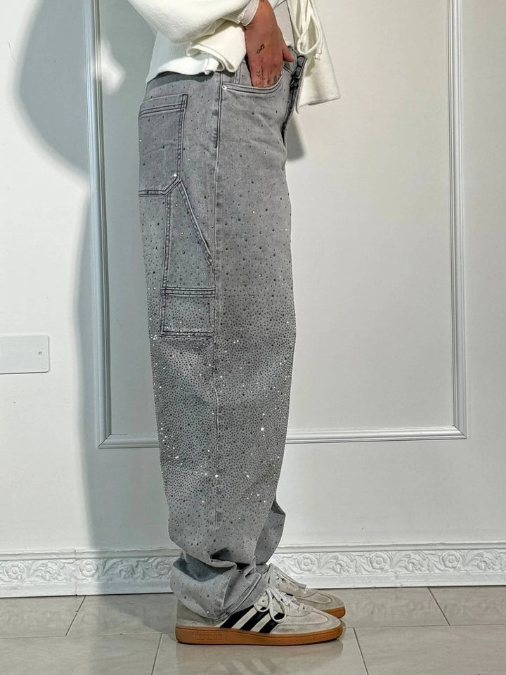 Women's High Waisted Jeans Wide-Leg Rhinestone Embellished Denim Pants