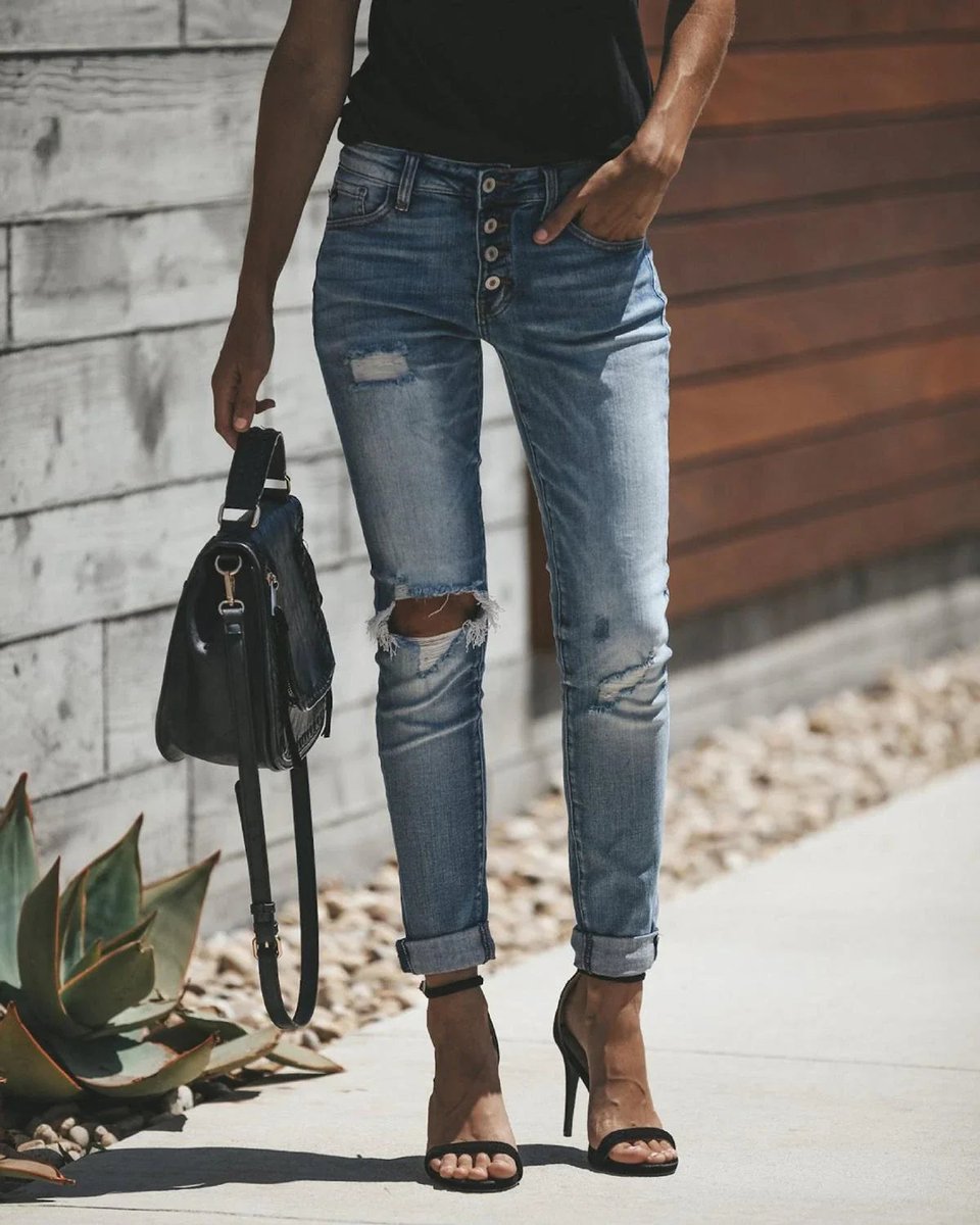 Women's High Waisted Ripped Skinny Boyfriend Jeans Button-Fly