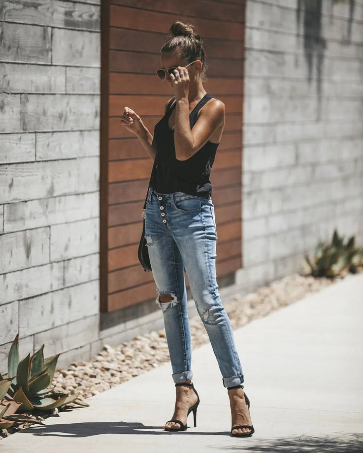 Women's High Waisted Ripped Skinny Boyfriend Jeans Button-Fly