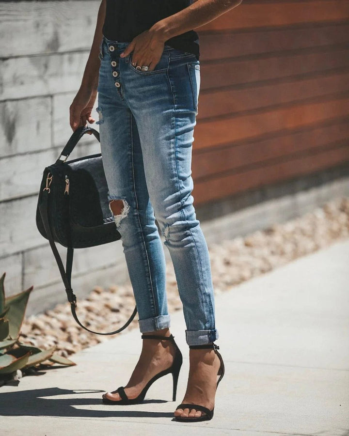 Women's High Waisted Ripped Skinny Boyfriend Jeans Button-Fly