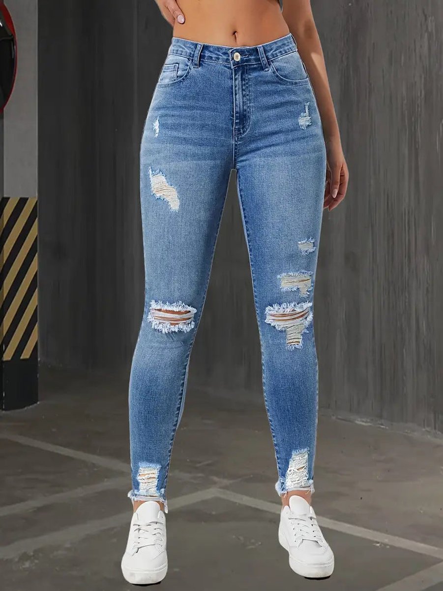 Women's High Waisted Ripped Skinny Jeans Raw Edge Distressed Denim