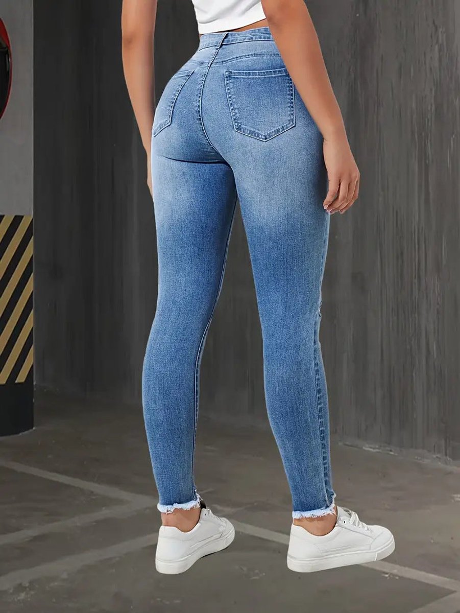 Women's High Waisted Ripped Skinny Jeans Raw Edge Distressed Denim
